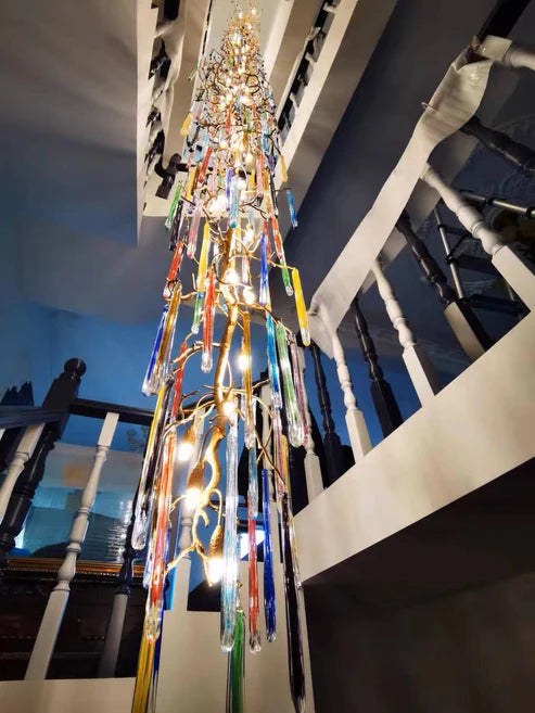 Modern Light Luxury Brass Branches Colored Glass Column Chandelier for Staircase/Living Room/High-ceiling Space