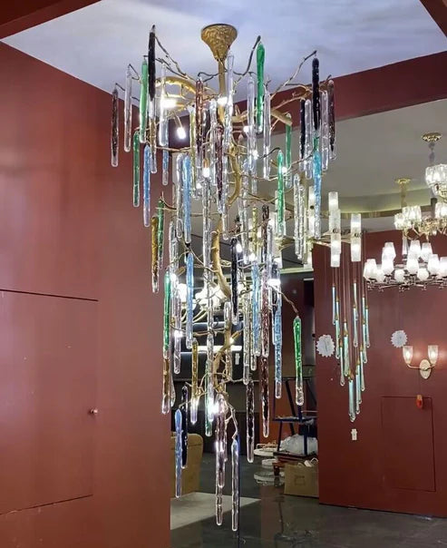Modern Light Luxury Brass Branches Colored Glass Column Chandelier for Staircase/Living Room/High-ceiling Space
