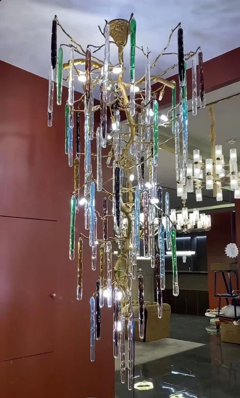 Modern Light Luxury Brass Branches Colored Glass Column Chandelier for Staircase/Living Room/High-ceiling Space