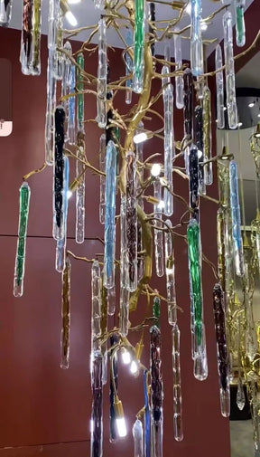 Modern Light Luxury Brass Branches Colored Glass Column Chandelier for Staircase/Living Room/High-ceiling Space