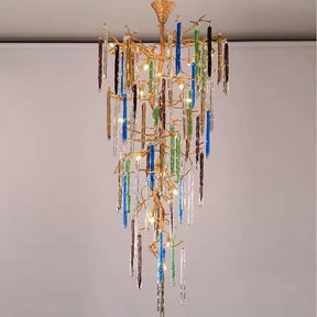 Modern Light Luxury Brass Branches Colored Glass Column Chandelier for Staircase/Living Room/High-ceiling Space