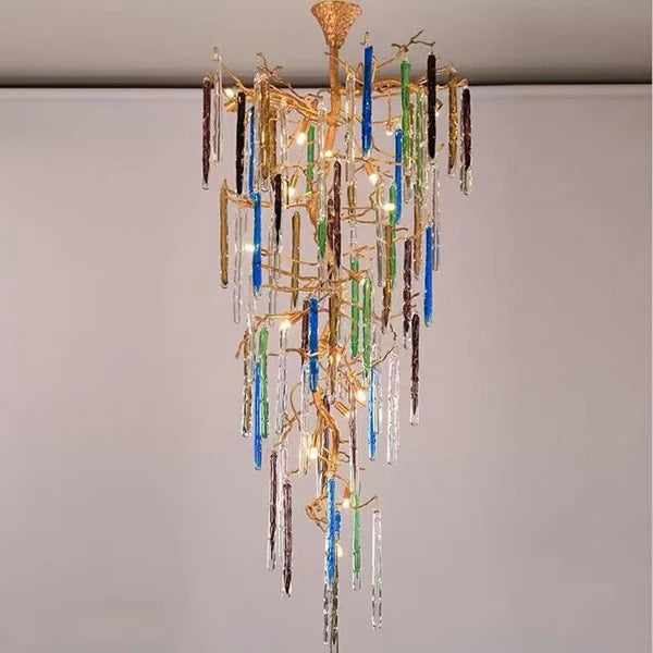 Modern Light Luxury Brass Branches Colored Glass Column Chandelier for Staircase/Living Room/High-ceiling Space