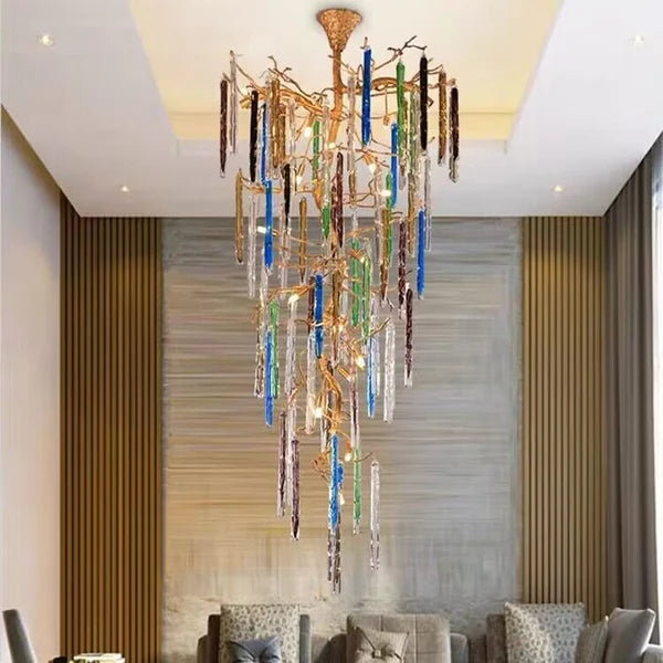 Modern Light Luxury Brass Branches Colored Glass Column Chandelier for Staircase/Living Room/High-ceiling Space