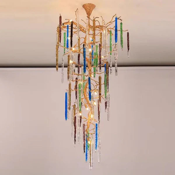 Modern Light Luxury Brass Branches Colored Glass Column Chandelier for Staircase/Living Room/High-ceiling Space