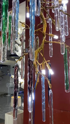 Modern Light Luxury Brass Branches Colored Glass Column Chandelier for Staircase/Living Room/High-ceiling Space