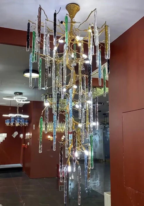 Modern Light Luxury Brass Branches Colored Glass Column Chandelier for Staircase/Living Room/High-ceiling Space