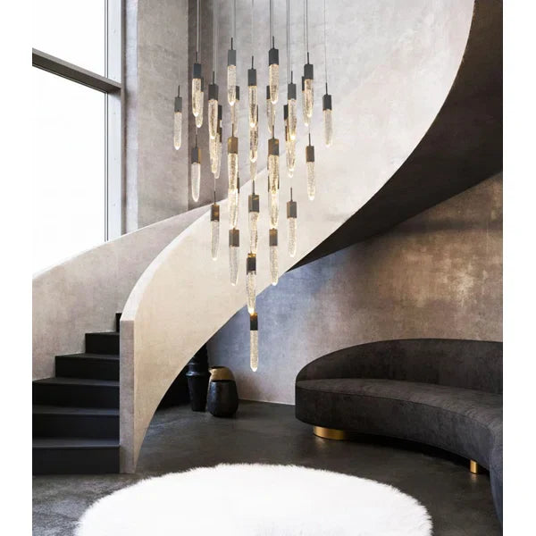 Modern Light Luxury Round/Rectangle Floating Glacier Crystal Chandelier in Black Finish for Kitchen Island/ Staircase/Living Room