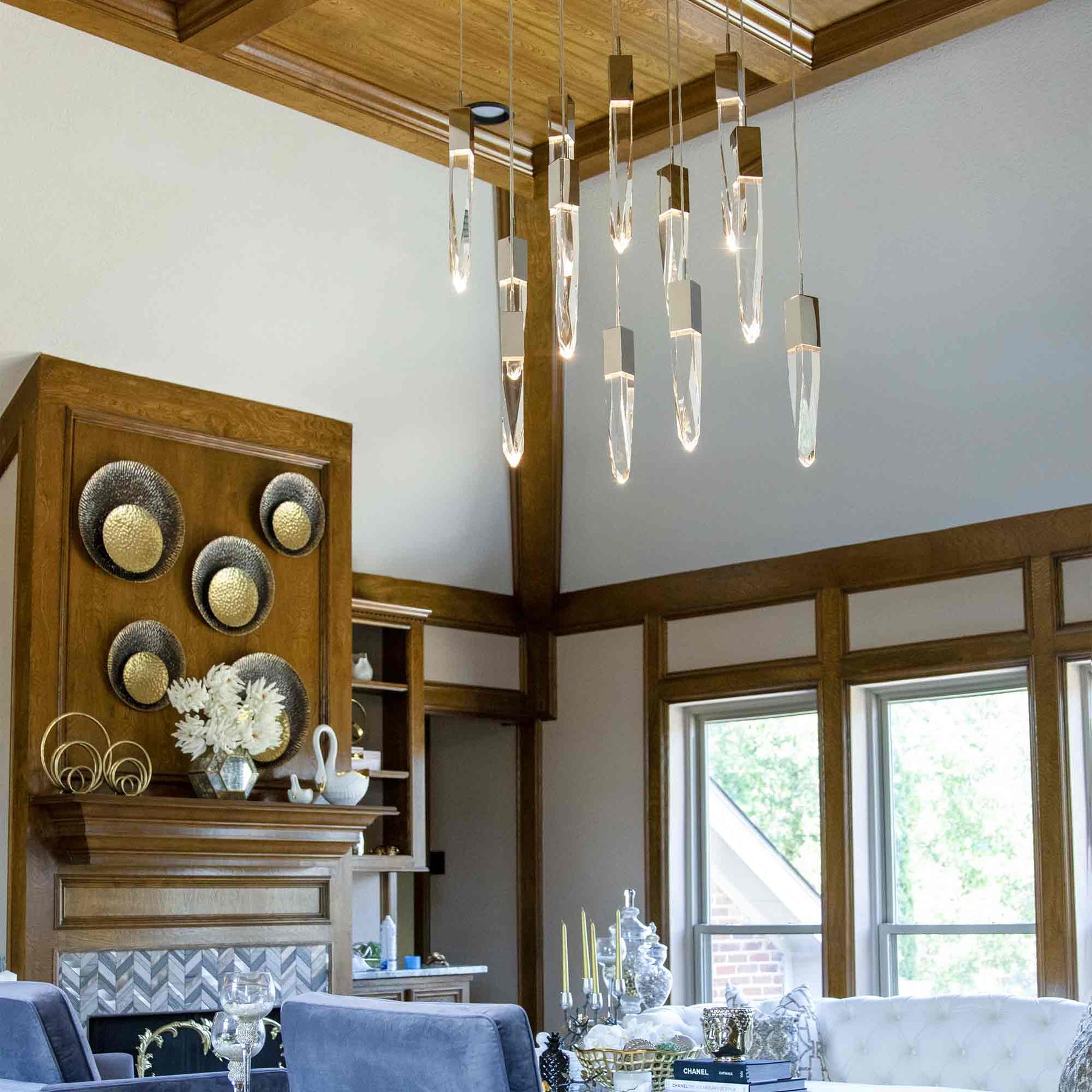 Modern Light Luxury Round/Rectangle Floating Glacier Crystal Chandelier in Black Finish for Kitchen Island/ Staircase/Living Room