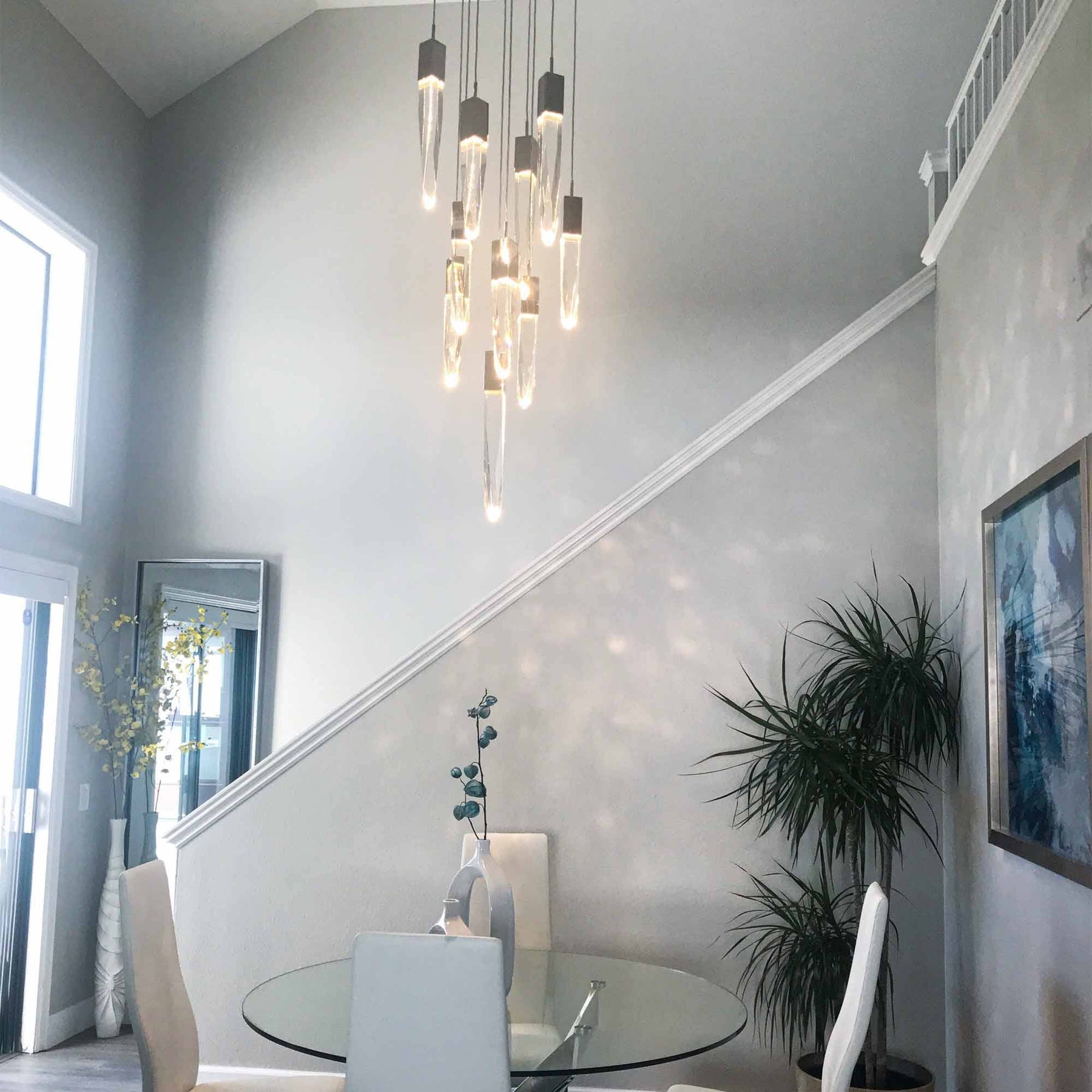 Modern Light Luxury Round/Rectangle Floating Glacier Crystal Chandelier in Black Finish for Kitchen Island/ Staircase/Living Room