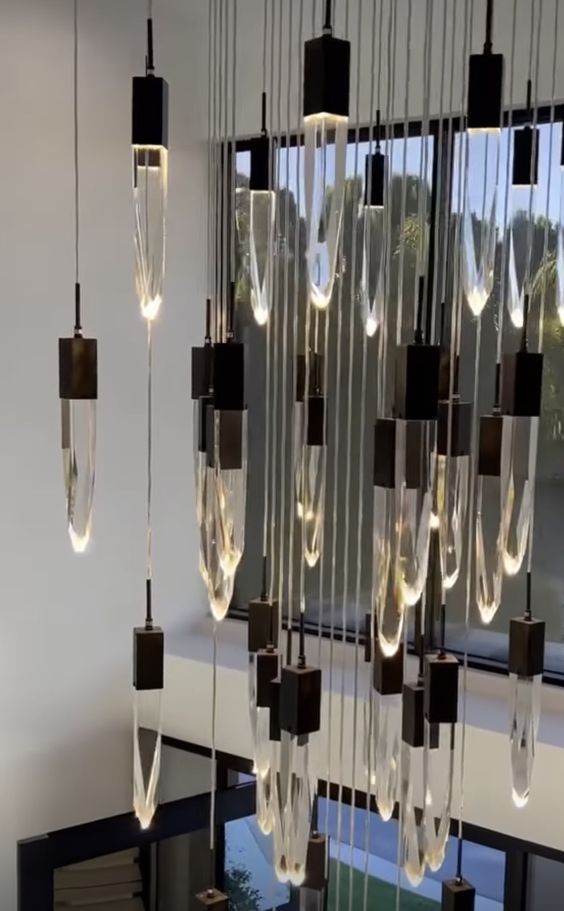 Modern Light Luxury Round/Rectangle Floating Glacier Crystal Chandelier in Black Finish for Kitchen Island/ Staircase/Living Room