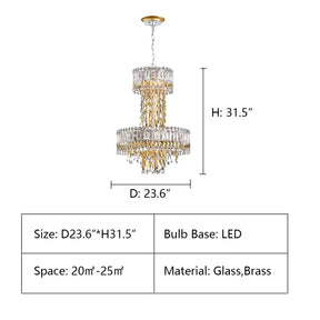 D23.6"*H31.5" Triandra Chandelier,chandelier,chandeliers,leaf,leaves,gold,crystal rod,rods,crystal,luxury,empire,two layers,large,oversized,big