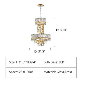 D31.5"*H39.4" Triandra Chandelier,chandelier,chandeliers,leaf,leaves,gold,crystal rod,rods,crystal,luxury,empire,two layers,large,oversized,big