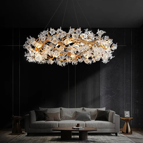 Modern Petal Crystal Round Brass Branch Chandelier
