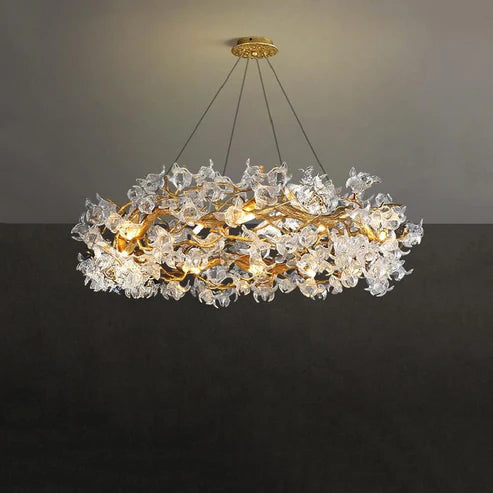 Modern Petal Crystal Round Brass Branch Chandelier
