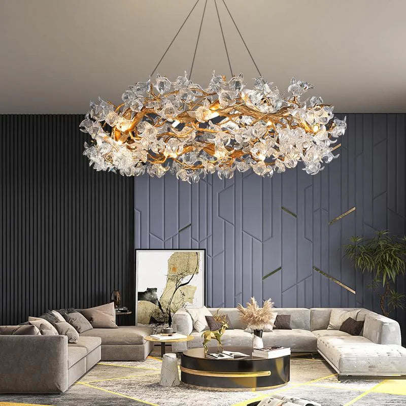 Modern Petal Crystal Round Brass Branch Chandelier