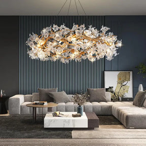 Modern Petal Crystal Round Brass Branch Chandelier
