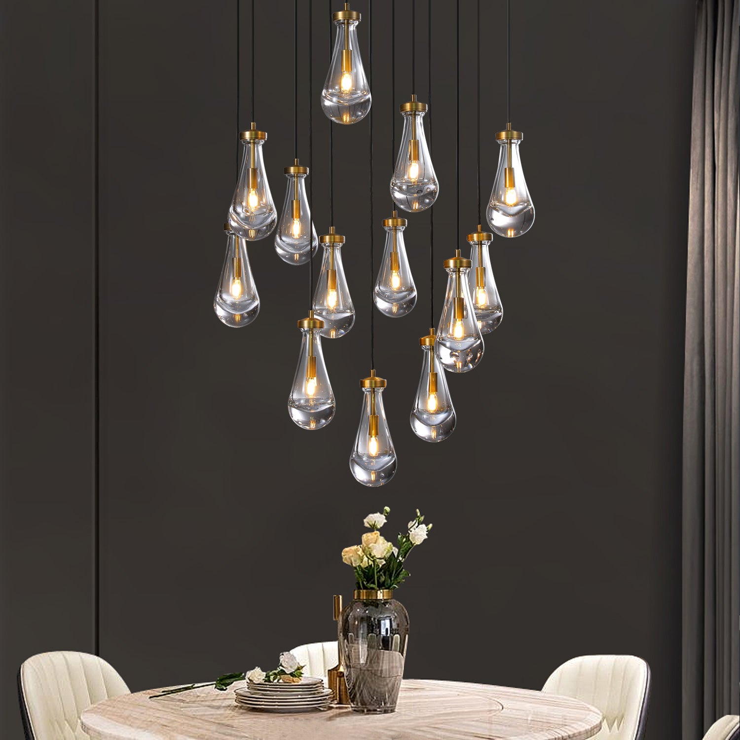 Modern Raindrop Round Brass Chandelier D36" 13-Lights