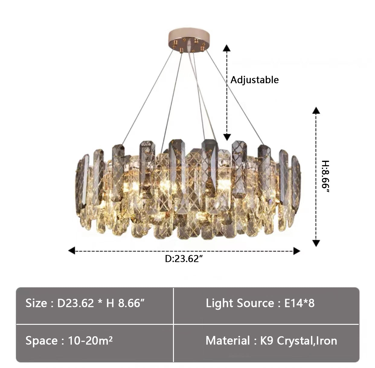 Modern Smoky Gray Crystal Chandelier Gleamy Light Fixture for Living/Dining Room/ Bedroom/ Home Office