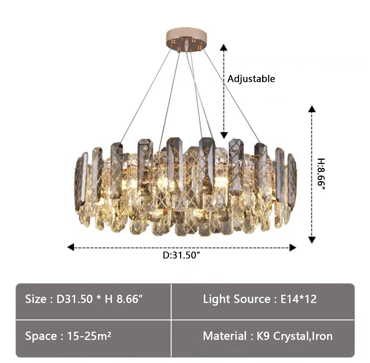 Modern Smoky Gray Crystal Chandelier Gleamy Light Fixture for Living/Dining Room/ Bedroom/ Home Office
