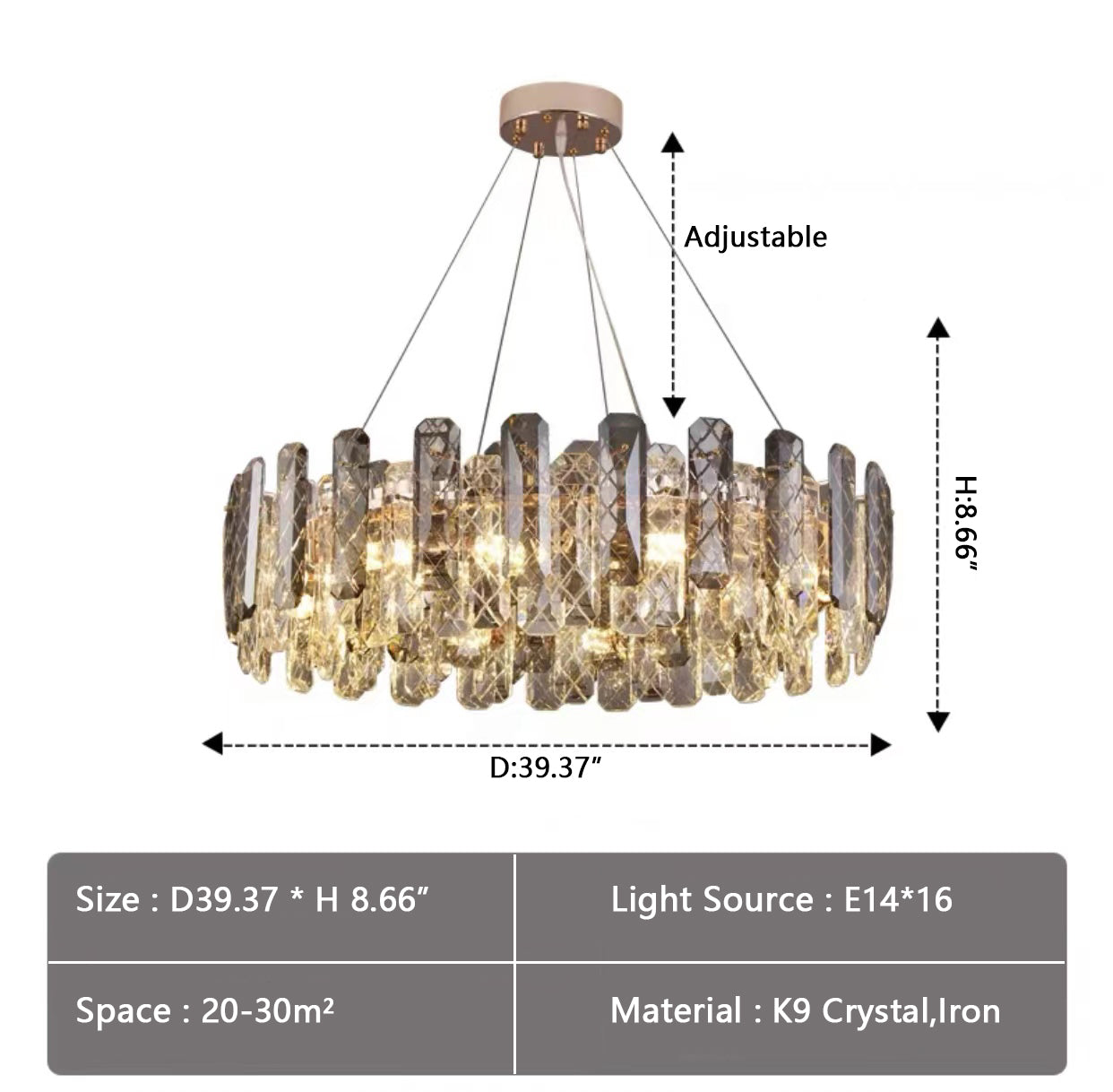 Modern Smoky Gray Crystal Chandelier Gleamy Light Fixture for Living/Dining Room/ Bedroom/ Home Office