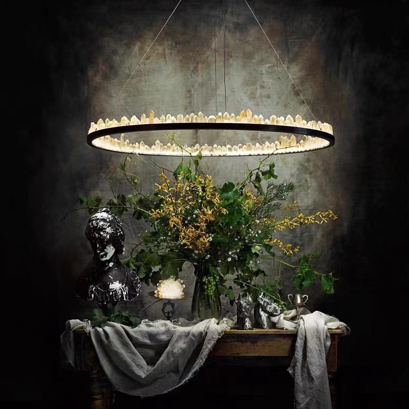 Modern Style Rings Brass & Natural Quartz Crystal Chandelier in Brass/Black Finish