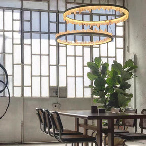 Modern Style Rings Brass & Natural Quartz Crystal Chandelier in Brass/Black Finish