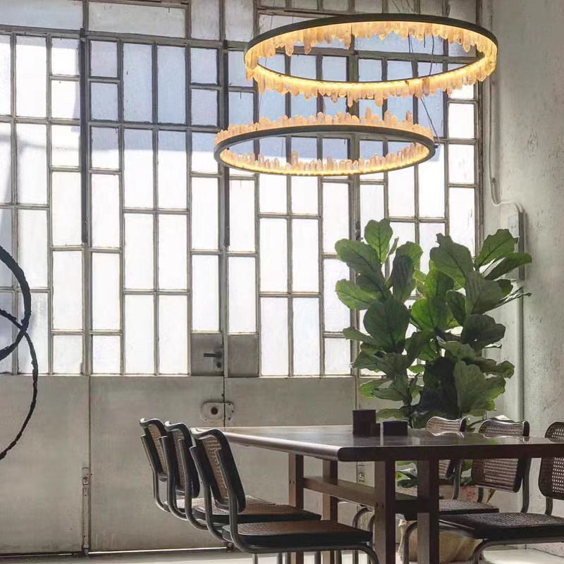 Modern Style Rings Brass & Natural Quartz Crystal Chandelier in Brass/Black Finish