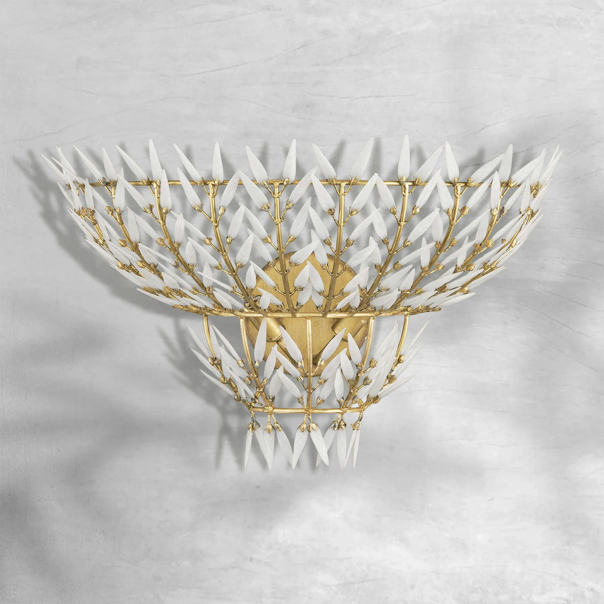 Morrigan Brass Arc Wall Sconce with White Glass Leaves