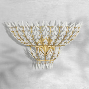 Morrigan Brass Arc Wall Sconce with White Glass Leaves