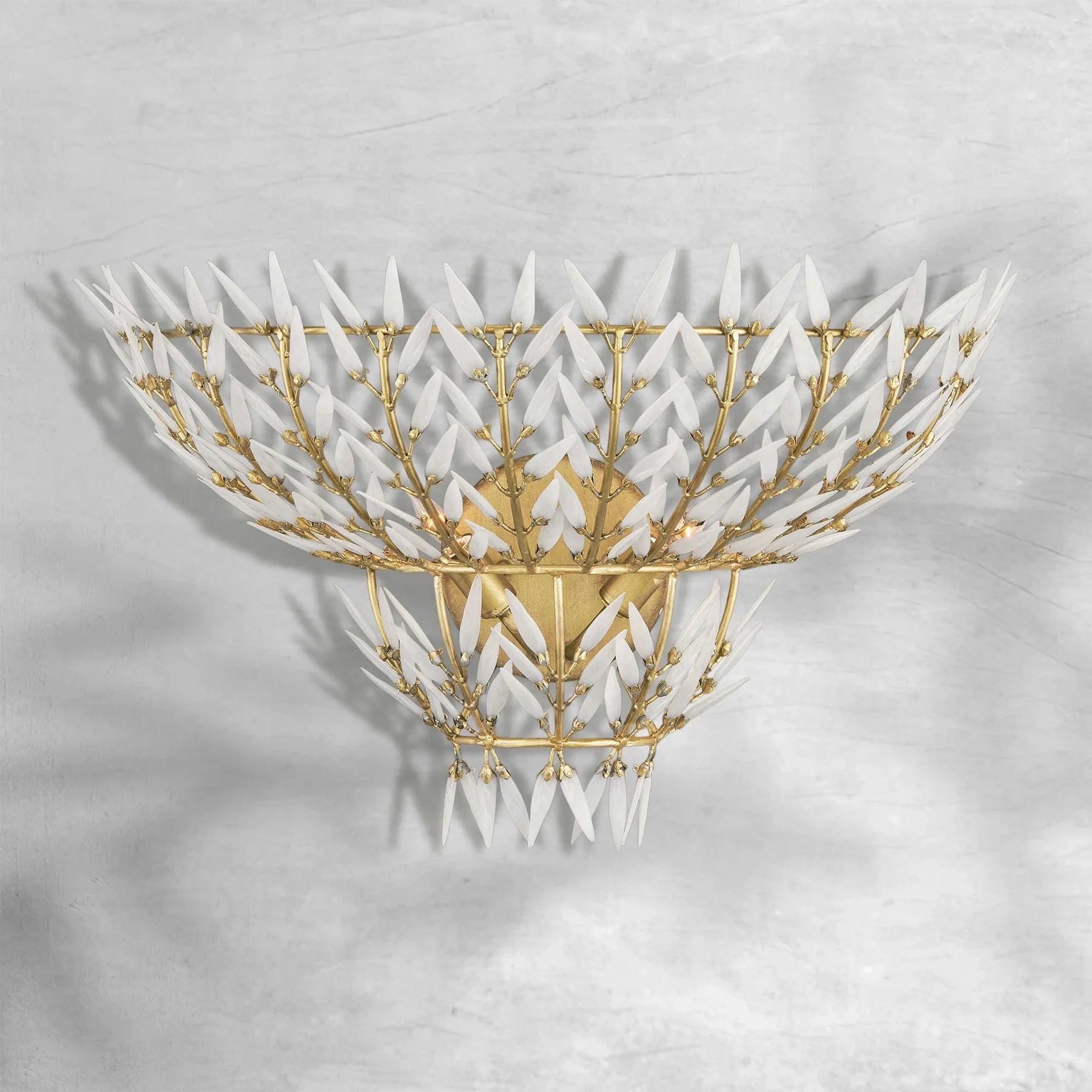 Morrigan Brass Arc Wall Sconce with White Glass Leaves