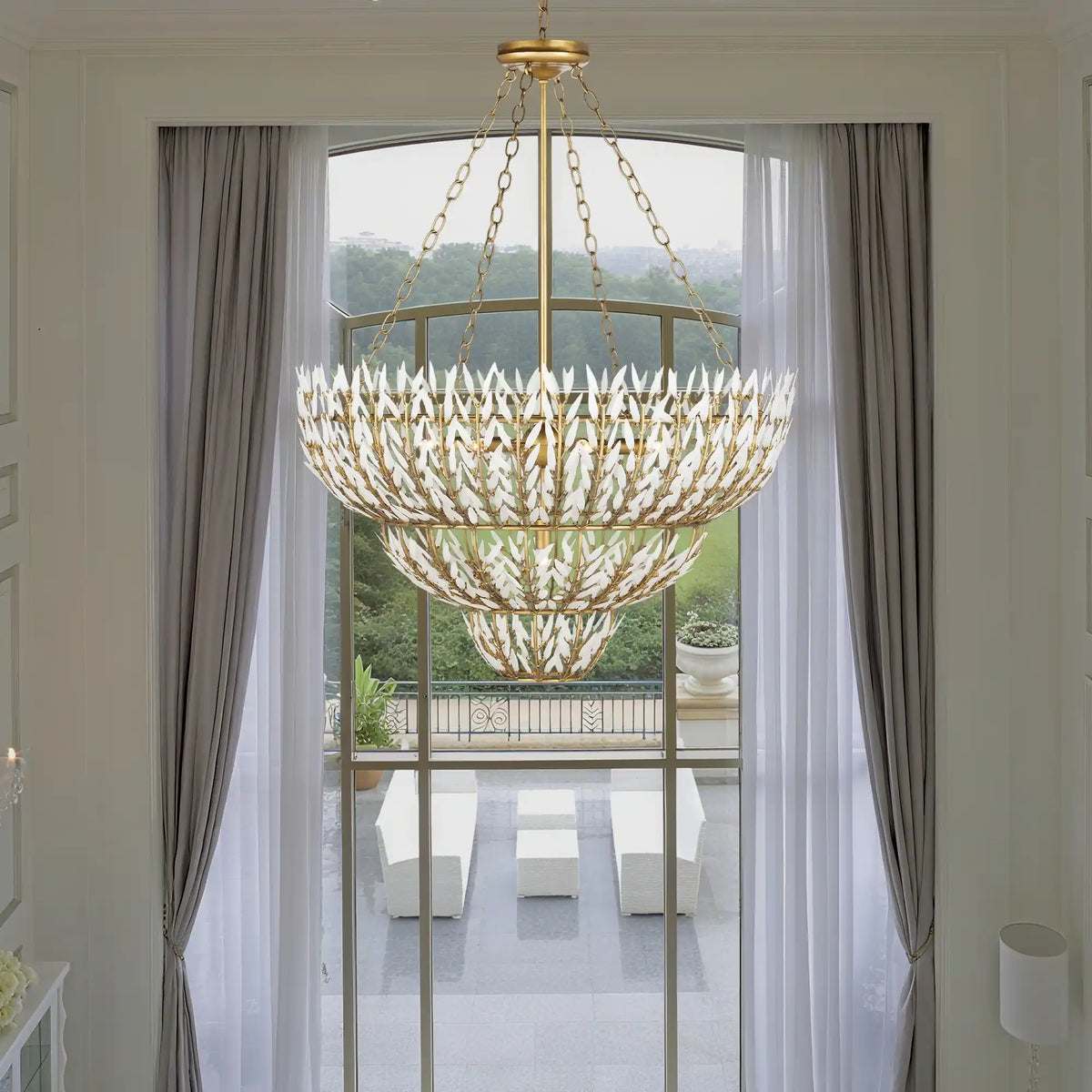 Elegant Morrigan Round Brass-Chained White Glass Chandelier