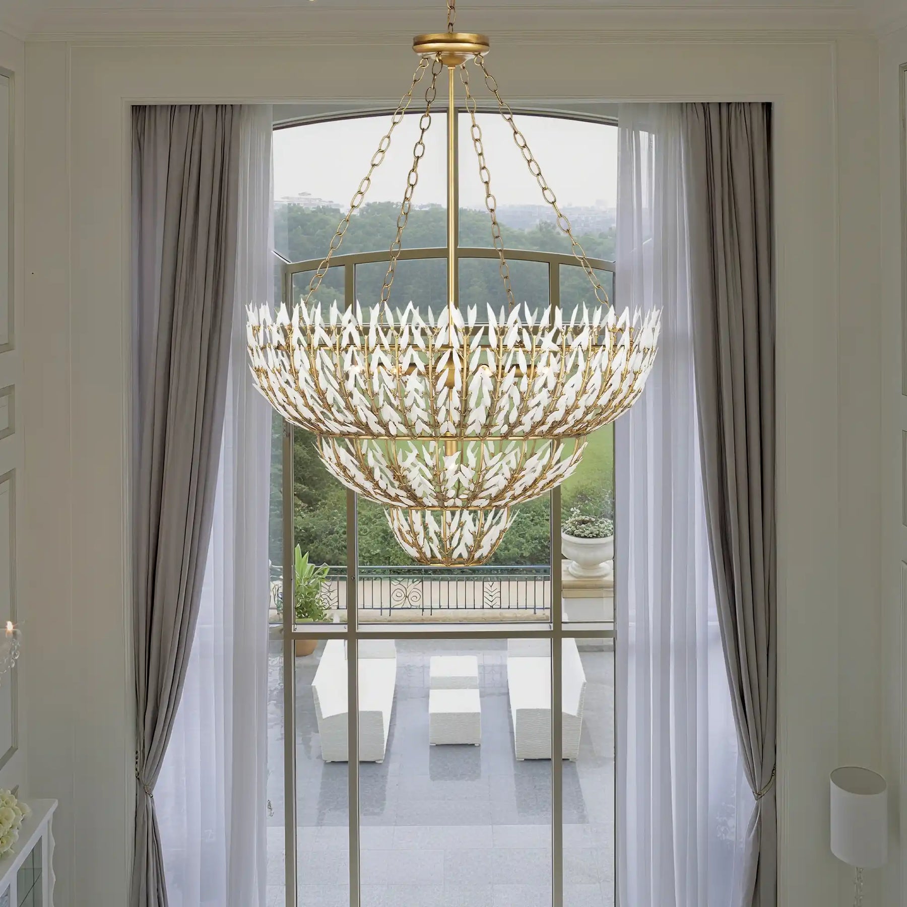 Elegant Morrigan Round Brass-Chained White Glass Chandelier
