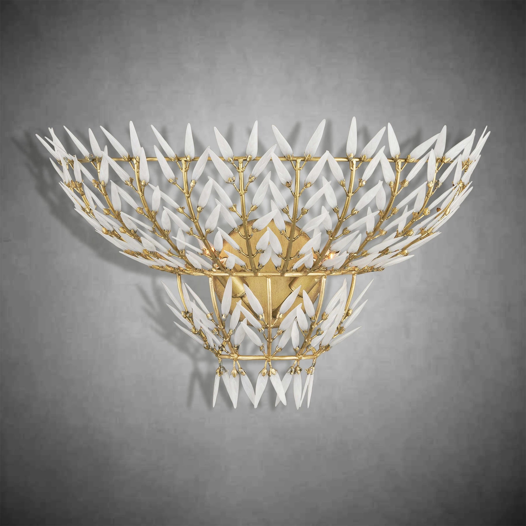 Morrigan Brass Arc Wall Sconce with White Glass Leaves