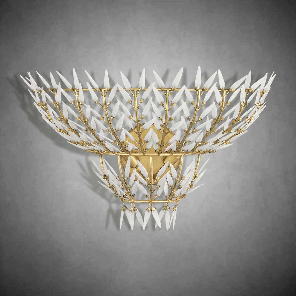 Morrigan Brass Arc Wall Sconce with White Glass Leaves