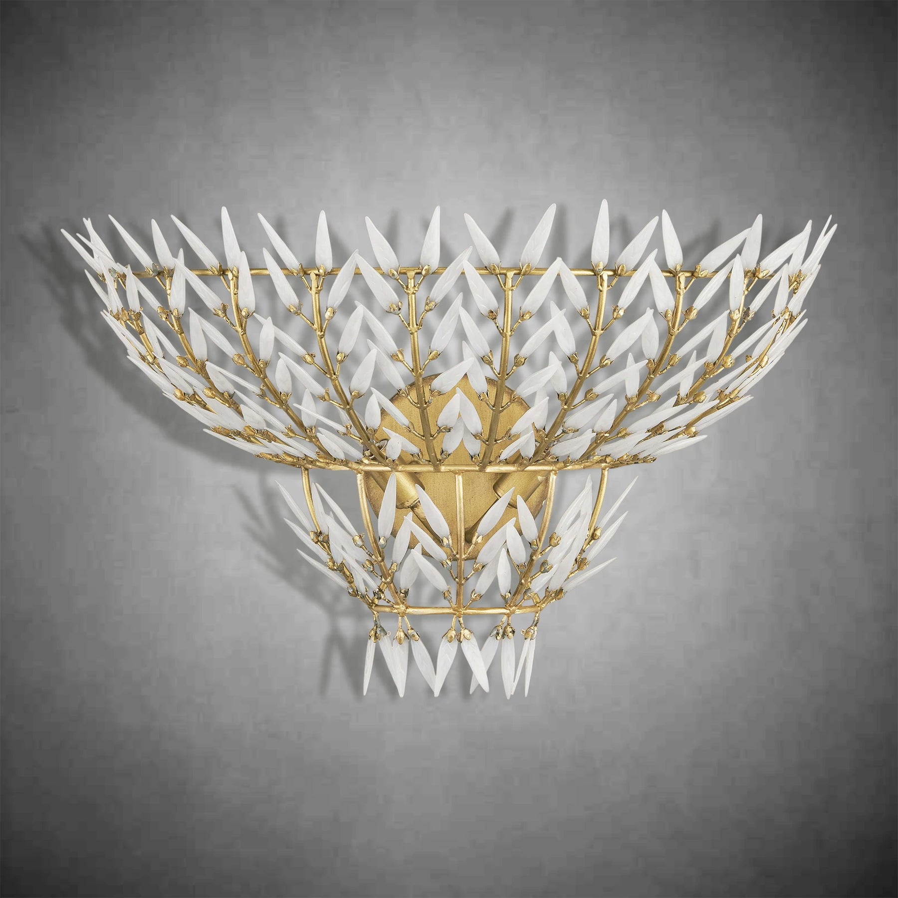Morrigan Brass Arc Wall Sconce with White Glass Leaves
