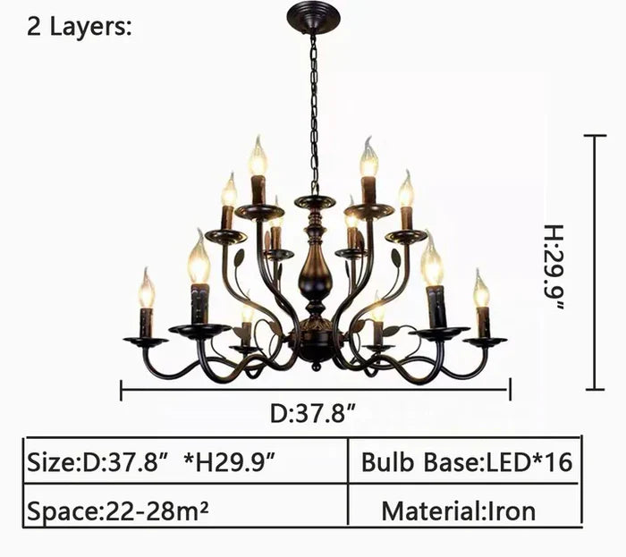 Multi Layer Iron Chandelier with Electronic Candles in Vintage Country Style for Living Room Cafe and Study