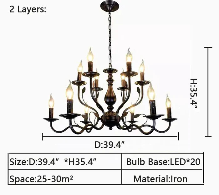 Multi Layer Iron Chandelier with Electronic Candles in Vintage Country Style for Living Room Cafe and Study