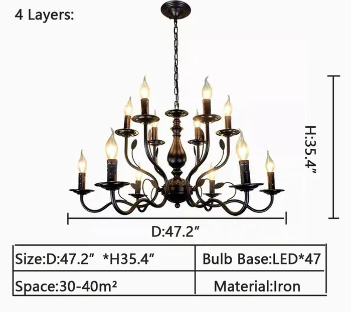 Multi Layer Iron Chandelier with Electronic Candles in Vintage Country Style for Living Room Cafe and Study