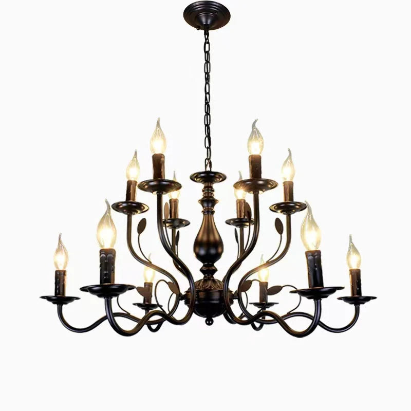 Multi Layer Iron Chandelier with Electronic Candles in Vintage Country Style for Living Room Cafe and Study