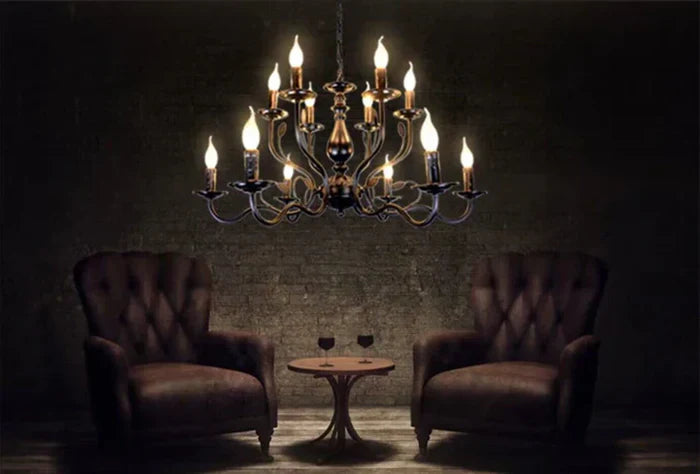 Multi Layer Iron Chandelier with Electronic Candles in Vintage Country Style for Living Room Cafe and Study