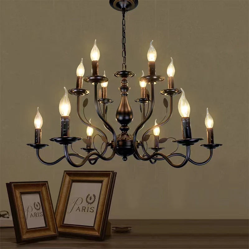 Multi Layer Iron Chandelier with Electronic Candles in Vintage Country Style for Living Room Cafe and Study