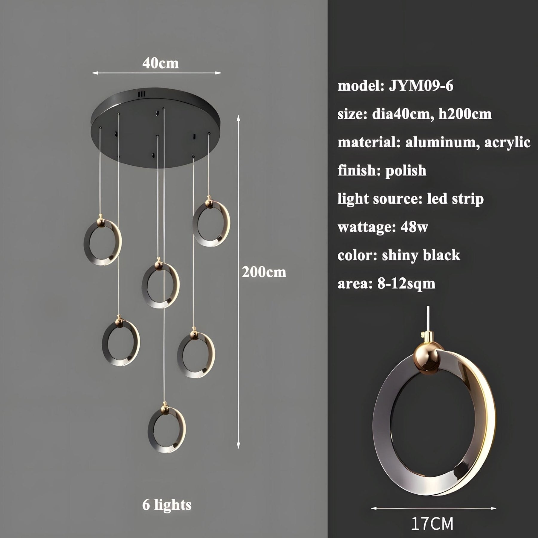 NEBULA Chandelier - 5 rings - 12" x 60" / 30cm x 150cm - 40WCool Light (6000K)Merlinlamps