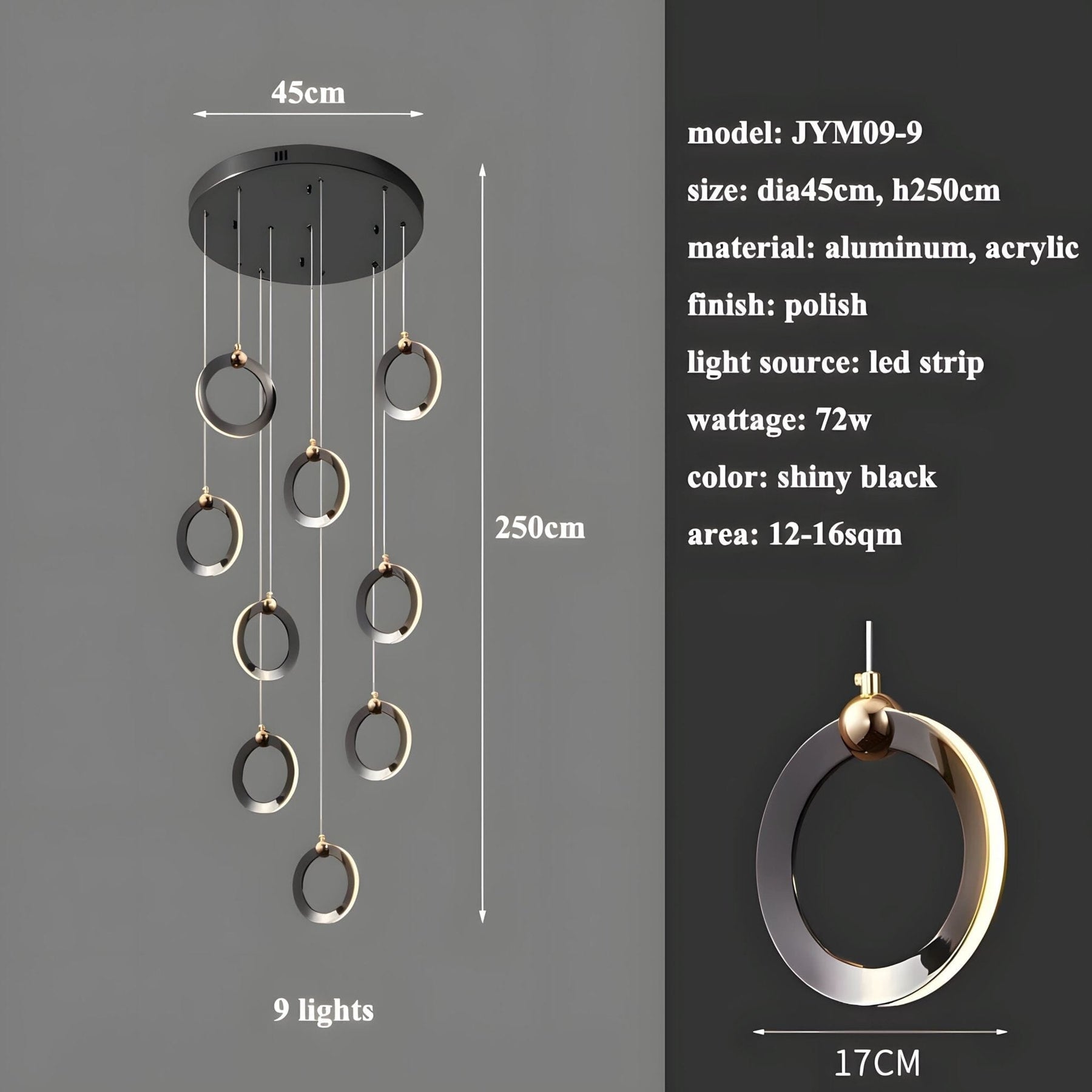 NEBULA Chandelier - 6 rings - 16" x 79" / 40cm x 200cm - 48WCool Light (6000K)Merlinlamps