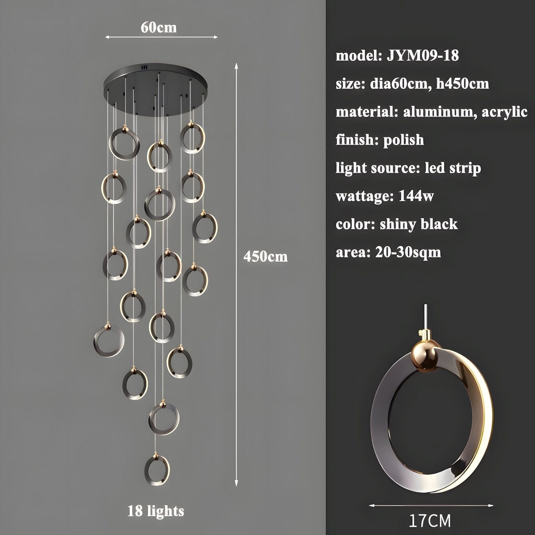 NEBULA Chandelier - 7 rings - 16" x 79" / 40cm x 200cm - 56WCool Light (6000K)Merlinlamps