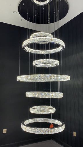 New Modern Light Luxury Oversized Multi-tiered Rings Crystal Chandelier for Staircase/Duplex/High-ceiling Space, long, luxury, noble, chrome, shining