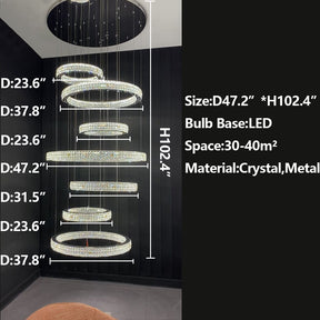 New Modern Light Luxury Oversized Multi-tiered Rings Crystal Chandelier for Staircase/Duplex/High-ceiling Space, long, luxury, noble, chrome, shining