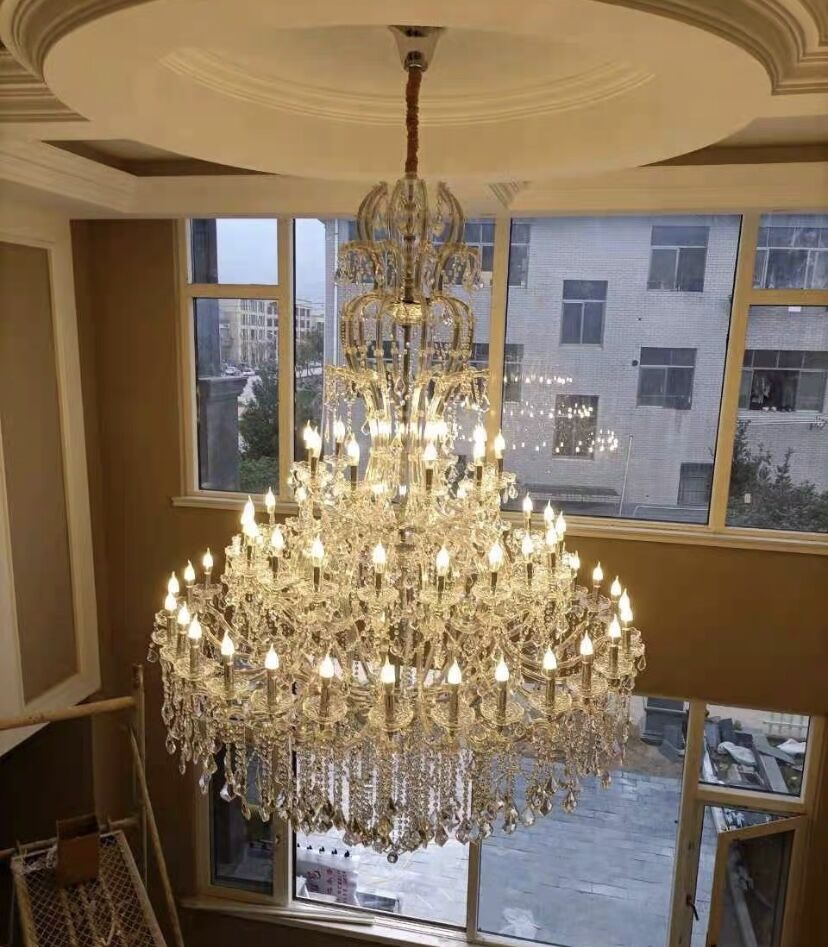Oversized Luxury Traditional Gold/Chrome Candle Branch Crystal Chandelier for 2-story/Duplex Buildings
