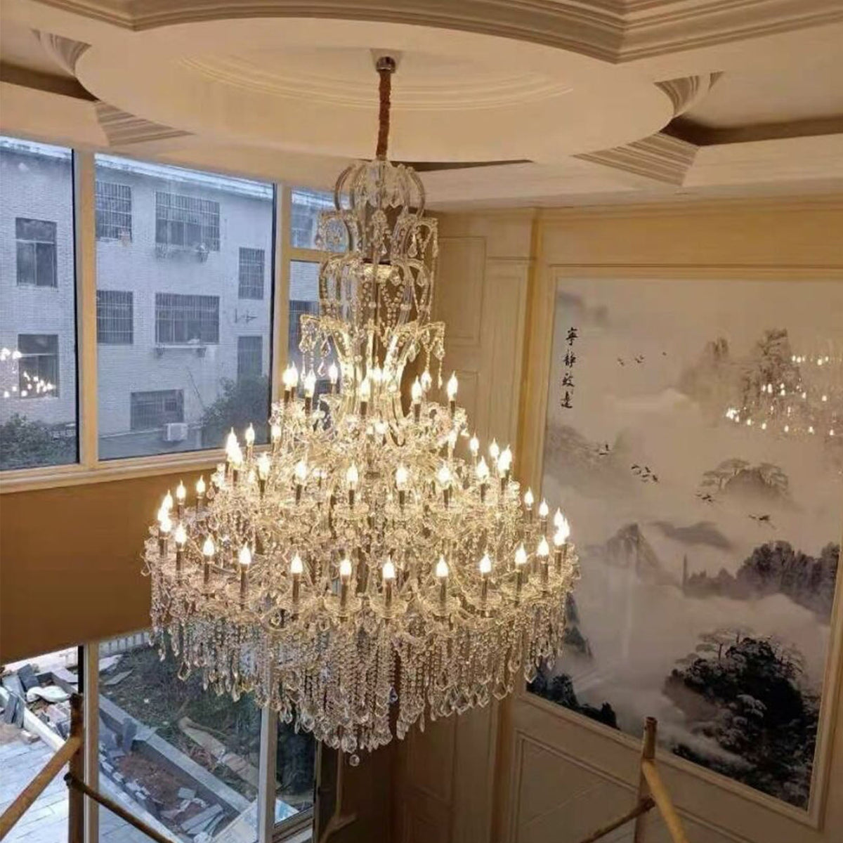 Oversized Luxury Traditional Gold/Chrome Candle Branch Crystal Chandelier for 2-story/Duplex Buildings