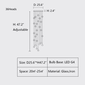 D25.6"*H47.2" chandelier,chandeliers,long stairs,round,ball,clear glass,large,extra large,huge,big,oversize,spiral stairs,gold