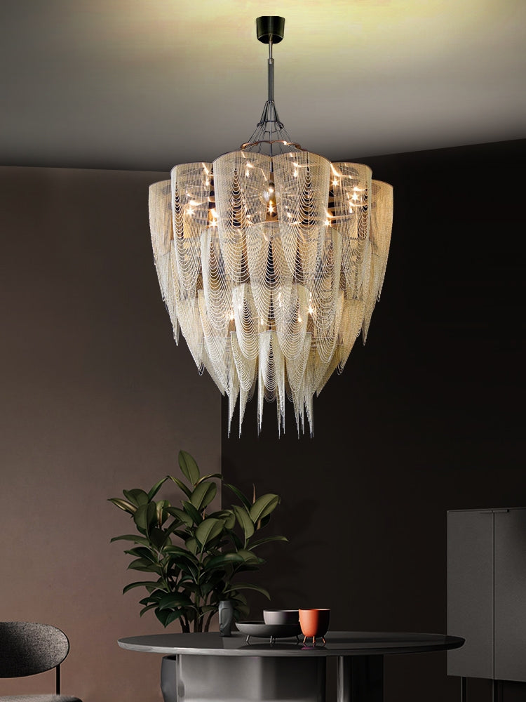 Oversized Post-Modern Aluminium Chain Tassel Pendant Chandelier for Large Living Room/Staircase/Villa